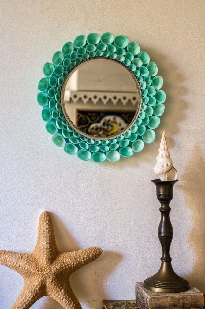 Декор зеркало в интерьере выпуклое сине-зеленое