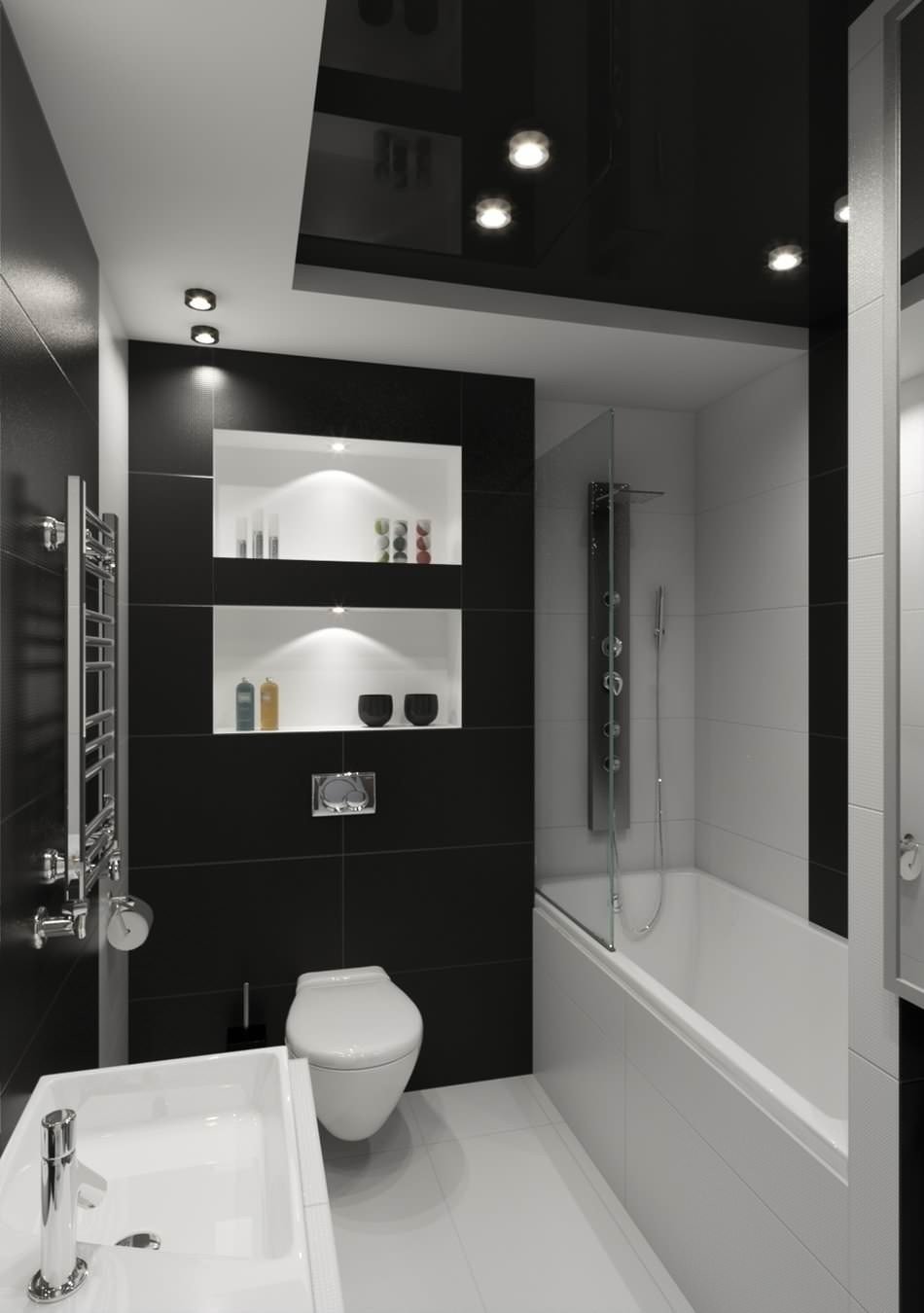 Ванная комната в черно белых тонах с черной ванной